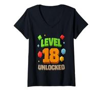 Femme T-Shirt 18e Anniversaire débloqué Niveau 18 T-Shirt avec Col en V
