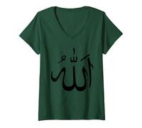 Femme T-Shirt Allah en Calligraphie Arabe Dieu Islam T-Shirt Musulman T-Shirt avec Col en V
