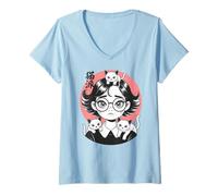 Femme T Shirt Amoureux Chats Fille Femme Japon Kawaii Anime Chaton T-Shirt avec Col en V