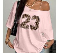 Femme T-shirt ample à imprimé léopard avec manches chauve-souris surdimensionnées, imprimé numéro 23 en rose L,M,S,XL,XSÉtoffe