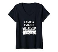Femme T-Shirt Amusant Chaos Panic Disorder My Work Here is Done T-Shirt avec Col en V