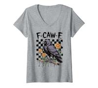 Femme T-Shirt Amusant de Corbeau F-Caw-F Dire avec Fleurs et Art Grunge T-Shirt avec Col en V