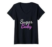 Femme T-Shirt avec Inscription « Sugar Baby » T-Shirt avec Col en V