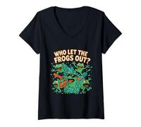 Femme T-Shirt avec Inscription « Who Let The Frogs Out Frog Lovers Amphibians » T-Shirt avec Col en V