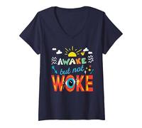 Femme T-Shirt Awake Not Woke T-Shirt avec Col en V, Bleu Marine, M