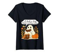 Femme T-Shirt Bibliophile Fall Ghost A Book a Day Keeps Reality Away T-Shirt avec Col en V