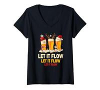 Femme T-Shirt Bière de Noël Drôle Fête Boisson Let It Flow Cadeau T-Shirt avec Col en V