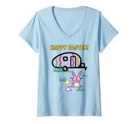 Femme T-Shirt Camper Œuf de Pâques Happy Easter T-Shirt avec Col en V