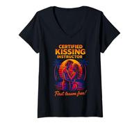 Femme T-Shirt certifié Kissing Instructor - Coucher de Soleil Romantique sur la Plage T-Shirt avec Col en V