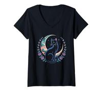 Femme T-Shirt Chat Cosmique de l'espace Mystique - Motif Chaton Galaxie T-Shirt avec Col en V
