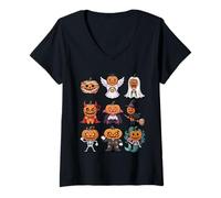 Femme T-Shirt Citrouille d'halloween - Groupe de Costumes Jack-o'-Lantern T-Shirt avec Col en V