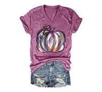 Femme T-Shirt Col V Imprimé Citrouille Aquarelle Manches Courtes Ample | Encolure Dégagée Bordée Tunique Douce, Haut Léger, Esprit Automnal Blouse Légère, Chemise Fluide, Pour Promenade Forêt