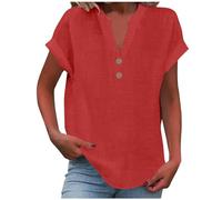 Femme T-Shirt Coton Lin Chemise D'été Haut Chic et Élégant Manche Courte Col en V Chemisier Tunique Tops avec Boutons Décontractés Ample Couleur Unie Blouse Lâche Respirant Vêtements
