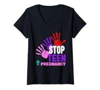 Femme T-Shirt de Grossesse Stop Teen - Prévention de la Grossesse chez Les Adolescentes T-Shirt avec Col en V