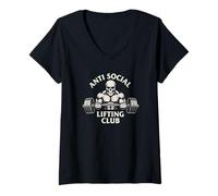 Femme T-Shirt de Gym Anti-Social Lifting Club Skull Barbell T-Shirt avec Col en V