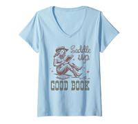 Femme T-Shirt de Lecture rétro Cowgirl avec Un Bon Livre Western T-Shirt avec Col en V