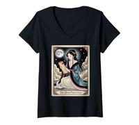 Femme T-shirt de tarot de la grande prêtresse - Parchemin et sagesse lunaire T-Shirt avec Col en V
