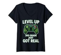 Femme T-Shirt de troisième année Just Got Real Gamer Level Up T-Shirt avec Col en V