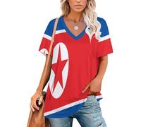Femme T-Shirt Débardeur Grande Taille Col en V Eté Décontracté Tee Shirt Femme Imprimé Drapeau De La Corée du Nord T Shirts Hauts Tuniques De Base D'Été Lâches