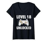 Femme T-Shirt débloqué Niveau 18 pour 18e Anniversaire de Joueur vidéo T-Shirt avec Col en V