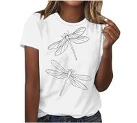 Femme T-Shirt D'été Imprimé Libellule Tee Shirt Manches Courtes Col Rond Hauts Polyvalente Coupe Ample Mode Décontracté Blouses Travail de Bureau Tops Sport Chemisier Loisirs Pas Cher Casual