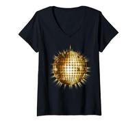 Femme T-shirt disco amusant avec boule miroir dorée T-Shirt avec Col en V