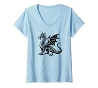 Femme T-Shirt Dragon Noir - Illustration de créature Mythique T-Shirt avec Col en V