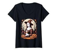 Femme T-Shirt Effrayant Sorcière Mona Lisa Halloween Automne Café Citrouille Art T-Shirt avec Col en V