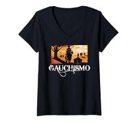 Femme T-Shirt Gaucho Argentin Cowboy avec Cheval au Coucher du Soleil T-Shirt avec Col en V
