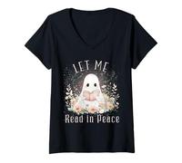 Femme T-Shirt Ghost Book Lover Let Me Read in Peace T-Shirt avec Col en V