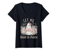 Femme T-Shirt Ghost Book Lover Let Me Read in Peace T-Shirt avec Col en V