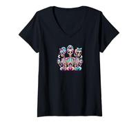 Femme T-Shirt Graphique Sassy Skeleton Trio, Tired Mom Squad Tenue décontractée T-Shirt avec Col en V