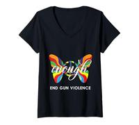 Femme T-Shirt Gun Enough End Gun Violence en Forme de Papillon avec Signe de Paix T-Shirt avec Col en V