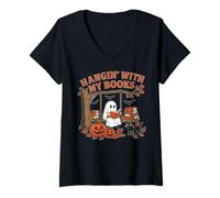 Femme T-Shirt Halloween fantôme Suspendu avec Mes Livres pour Amoureux des Livres T-Shirt avec Col en V