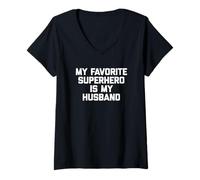 Femme T-shirt humoristique avec inscription « My Favorite Superhero Is My Husband » T-Shirt avec Col en V