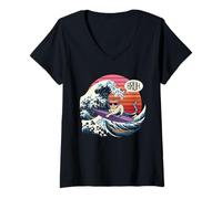 Femme T-Shirt Japonais Bruh Great Wave Cat Japon Rétro T-Shirt avec Col en V