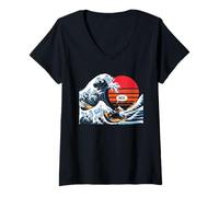 Femme T-Shirt Japonais Bruh Great Wave Cat Japon Rétro T-Shirt avec Col en V