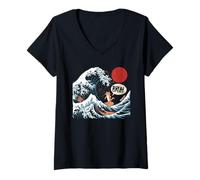 Femme T-Shirt Japonais Bruh Great Wave Cat Japon Rétro T-Shirt avec Col en V