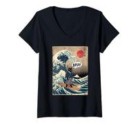 Femme T-Shirt Japonais Bruh Great Wave Cat Japon Rétro T-Shirt avec Col en V