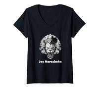 Femme T-shirt Jay Narasimha | Vishnu Avtar | Hare Krishna T-Shirt avec Col en V