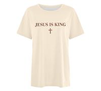 Femme T-Shirt Long Lettrage Jesus is King Croix Manches Courtes | Ourlets Surpiqués Sur Tunique, Haut, Esprit Sobre Du Vêtement, Pièce Légère, Pour Les Cérémonies Et Offices