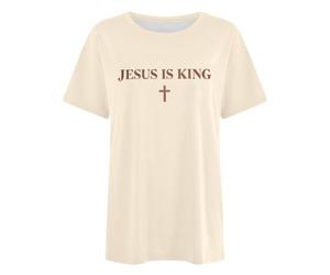 Femme T-Shirt Long Lettrage Jesus is King Croix Manches Courtes | Ourlets Surpiqués Sur Tunique, Haut, Esprit Sobre Du Vêtement, Pièce Légère, Pour Les Cérémonies Et Offices