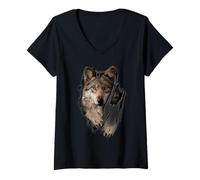 Femme T-Shirt Loup Marron 3D regardant Les Loups drôles Cadeaux T-Shirts T-Shirt avec Col en V