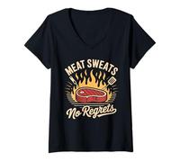Femme T-Shirt Meat Sweats No Regrets Steak Bacon Pork Lovers T-Shirt avec Col en V
