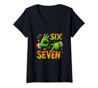 Femme T-Shirt Mème Six Seven Main Noël Gen Z Alpha Drôle Cadeau T-Shirt avec Col en V