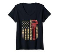 Femme T-Shirt Motif Drapeau américain avec Motif de Plombier - Clé de plomberie Patriotique T-Shirt avec Col en V