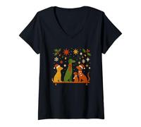 Femme T-Shirt Noël Chiens Style Mid-Century Modern Rétro 50s 60s T-Shirt avec Col en V