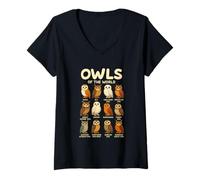 Femme T-Shirt Owls of The World Chouettes Espèces Design Animalier T-Shirt avec Col en V