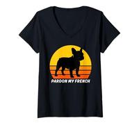 Femme T-Shirt « Pardon My French, Funny Frenchie, Funny French Bulldog » T-Shirt avec Col en V