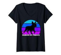 Femme T-Shirt « Pardon My French, Funny Frenchie, Funny French Bulldog » T-Shirt avec Col en V